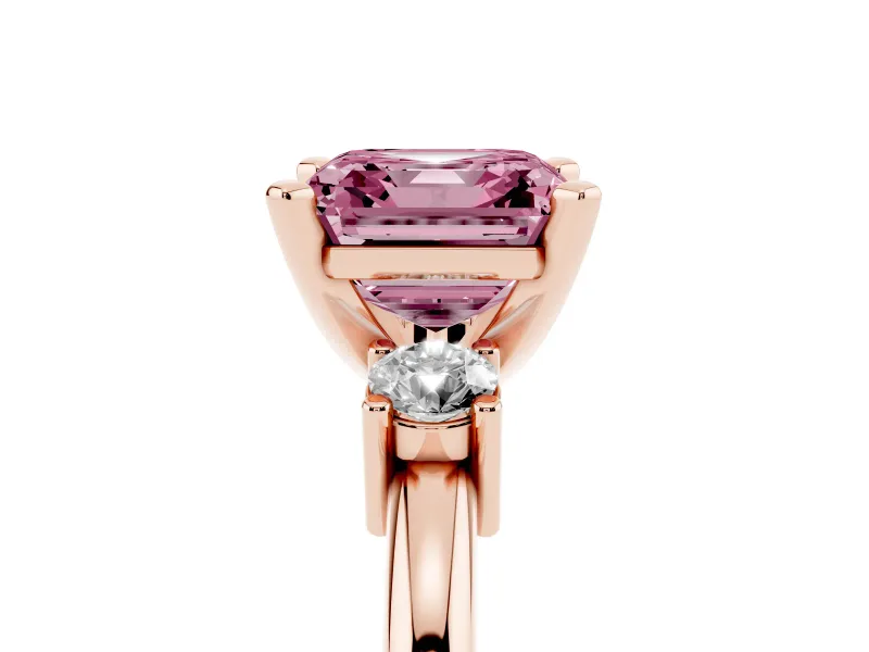 Fancy Pink Three-Stone Asscher Cut Diamond Ring Set in Rose gold with Prong Setting and Plain Band