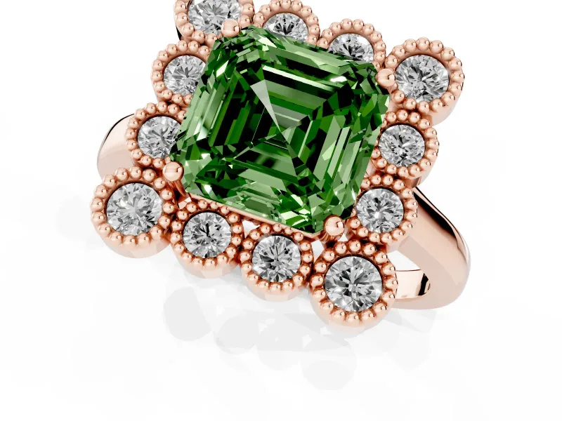 Asscher Cut Milgrain Cluster Halo Engagement Ring Setting for a Fancy Green Lab-Grown Diamond | Plain Band | Rose Gold