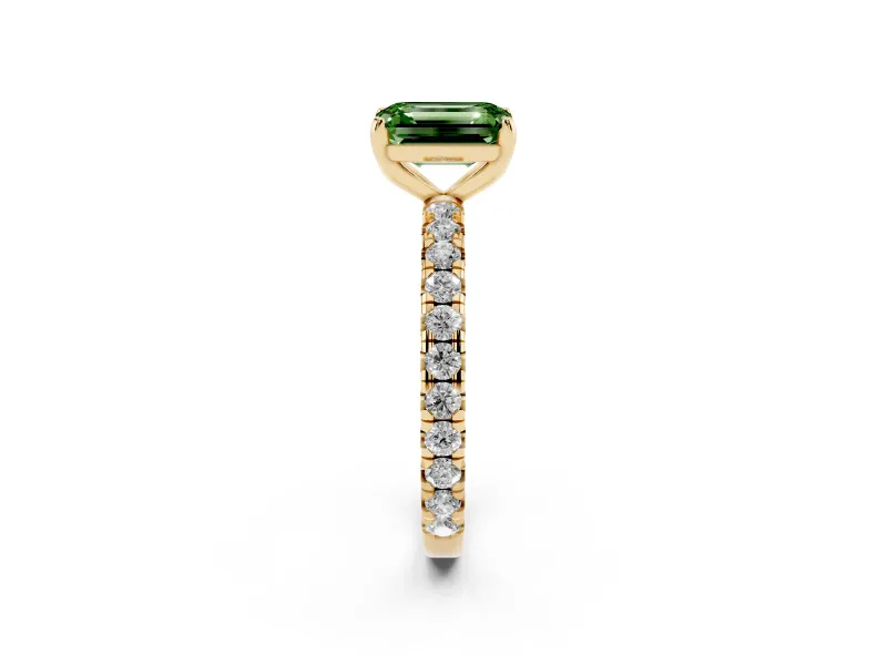 Fancy Green Emerald Cut Diamond Pavé Solitaire Ring Set in Yellow gold with Round Band and Prong Setting