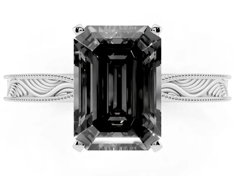 Fancy Black Emerald Cut Diamond Solitaire Milgrain Engraved Band Set in Platinum with Prong Setting
