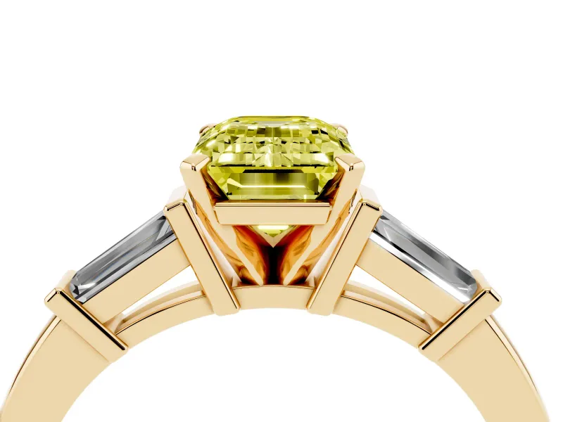 Emerald Cut Three-Stone Engagement Ring Setting for a Fancy Yellow Lab-Grown Diamond | Tapered Baguettes | Yellow Gold
