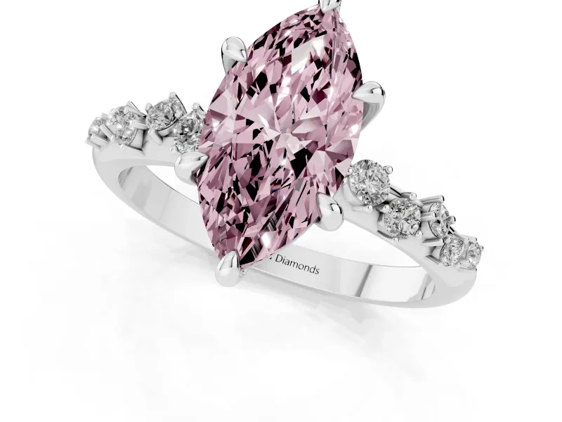 Fancy Pink Marquise Cut Diamond Solitaire Vine Band Ring Set in Platinum with Round Accents and Prong Setting