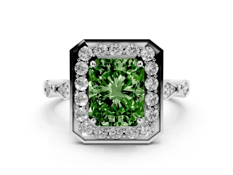 Fancy Green Radiant Cut Diamond Halo Engagement Ring Set in Platinum with Twisted Band and Prong Setting