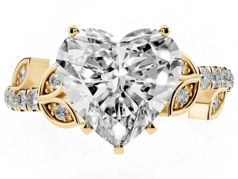 Heart-Shaped Leaf Pavé Engagement Ring Setting | Leaf Motif Shoulders | Yellow Gold