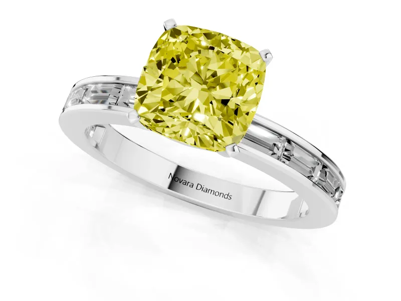 Fancy Yellow Cushion Cut Diamond Solitaire Ring Set in Silver with Channel-Set Baguette Band and Prong Setting