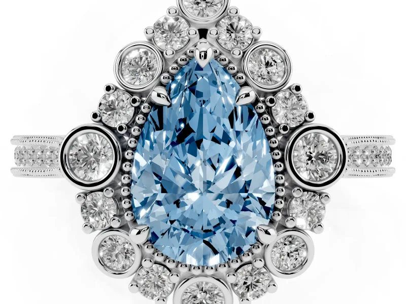 Fancy Blue Pear Cut Diamond Halo Milgrain Pavé Ring Set in Platinum with Prong Setting