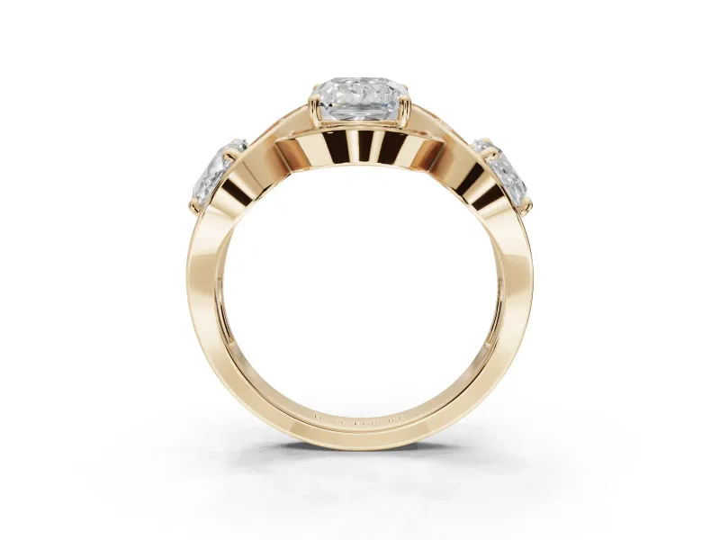 Radiant Cut Three Stone Halo Engagement Ring Setting | Pavé Wave Band | Yellow Gold