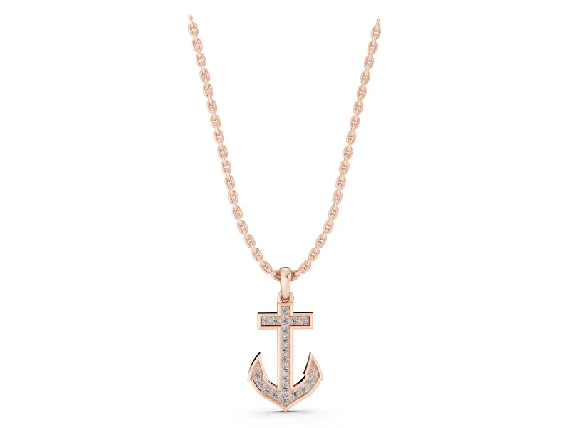 Round Lab-Grown Diamond Pavé Anchor Pendant Necklace | Pointed Flukes | Rose Gold