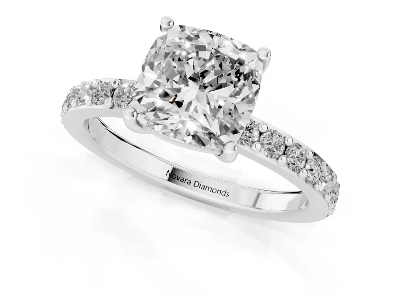 Cushion Cut Pavé Solitaire Engagement Ring Setting | Single Row Band | White Gold