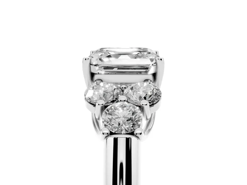 Asscher Cut Diamond Cluster Ring Set in Platinum with Round Accent Stones and Prong Setting on a Plain Band