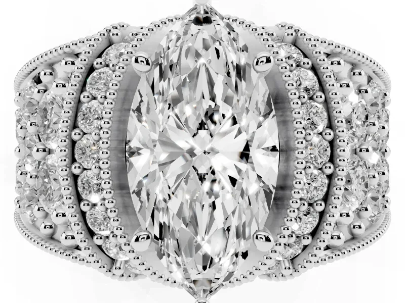 Marquise Vintage Milgrain Pave Engagement Ring Setting | Crescent Side Rows | Sterling Silver