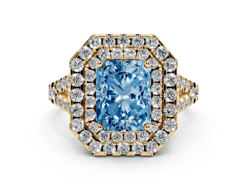 Fancy Blue Radiant Cut Diamond Double Halo Ring Set in Yellow gold with Pavé Split Shank and Prong Setting