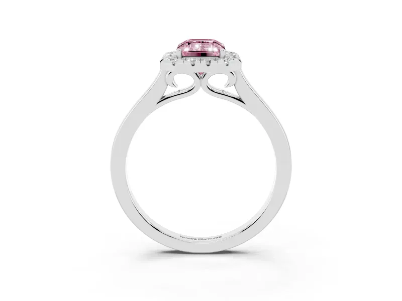 Fancy Pink Emerald Cut Halo Round Diamond Solitaire Ring Set in Silver with Pavé Band and Prong Setting