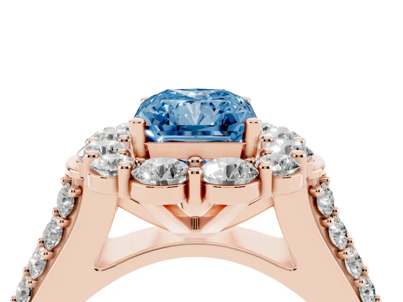 Fancy Blue Radiant Cut Diamond Halo Engagement Ring Set in Rose gold with Split Shank and Prong Setting