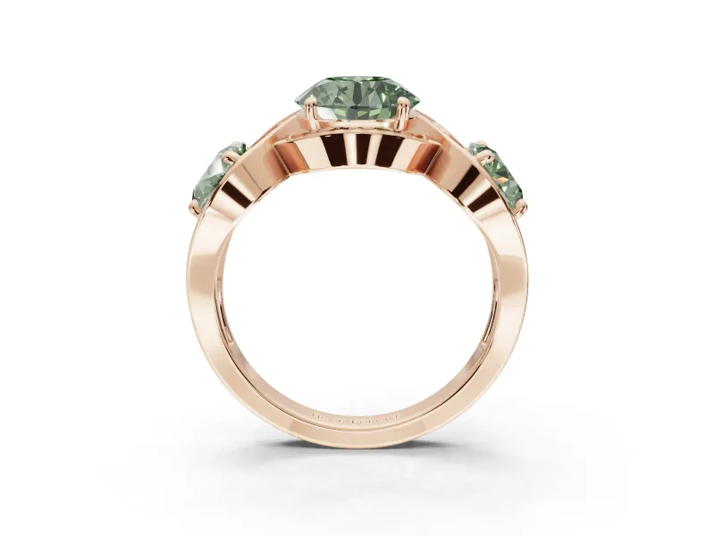 Round Three Stone Halo Engagement Ring Setting for a Fancy Green Lab-Grown Diamond | Pavé Wave Band | Rose Gold