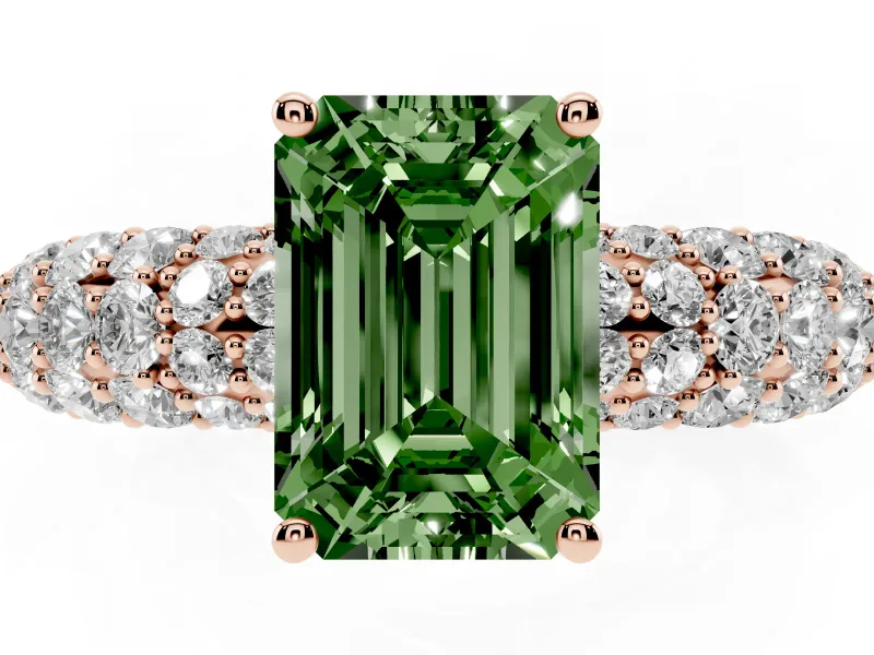 Emerald Cut Multi Row Pave Engagement Ring Setting for a Fancy Green Lab-Grown Diamond | Rose Gold