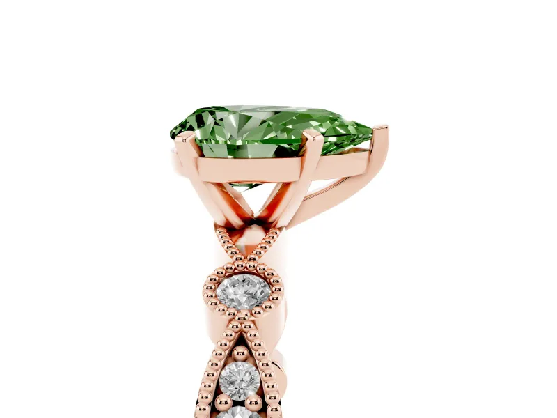 Fancy Green Pear Cut Diamond Solitaire Engagement Ring Set in Rose gold with Milgrain Bezel Accent Band