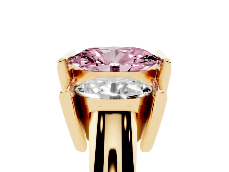 Fancy Pink Oval Cut Diamond Three-Stone Channel Set Ring Set in Yellow gold with Smooth Polished Band