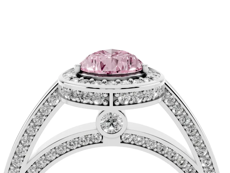 Fancy Pink Pear Cut Diamond Halo Pavé Split Shank Ring Set in Platinum with Prong Setting