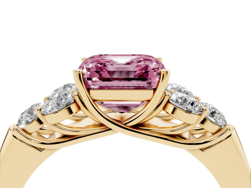 Fancy Pink Asscher Cut Diamond Cluster Ring Set in Yellow gold with Round Accent Stones and Prong Setting on a Plain Band