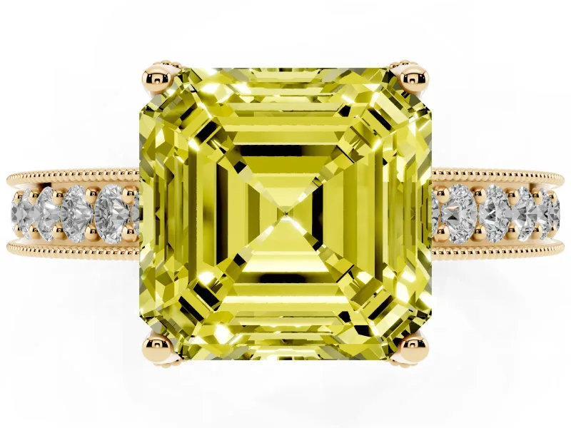 Asscher Cut Hidden Halo Engagement Ring Setting for a Fancy Yellow Lab-Grown Diamond | Milgrain Pave | Yellow Gold