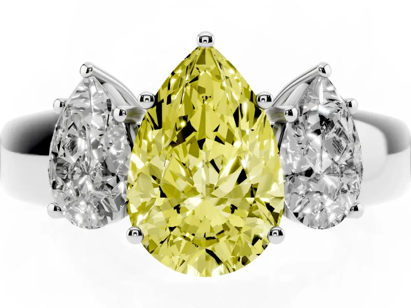 Fancy Yellow Three-Stone Pear Cut Diamond Ring Set in White gold with Matching Prong Settings and Plain Band