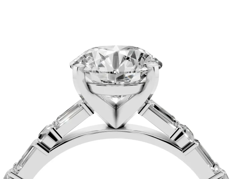 Round Cut Diamond Solitaire Set in Platinum with Side Baguettes and Channel Set Band
