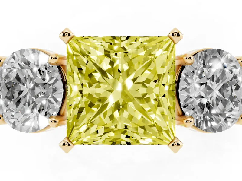 Princess Cut Three Stone Engagement Ring Setting for a Fancy Yellow Lab-Grown Diamond | Wide Plain Band | Yellow Gold