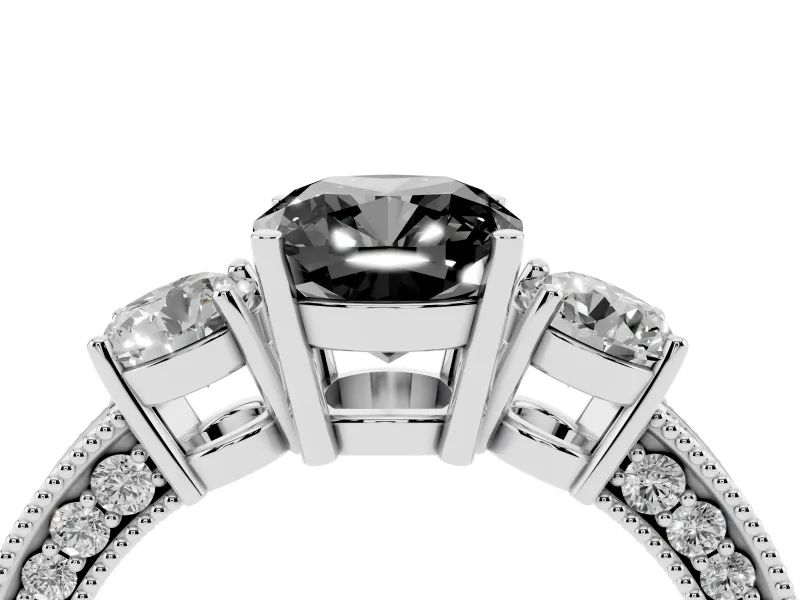 Fancy Black Cushion Cut Diamond Three-Stone Ring Set in Silver with Round Side Stones and Pavé Band