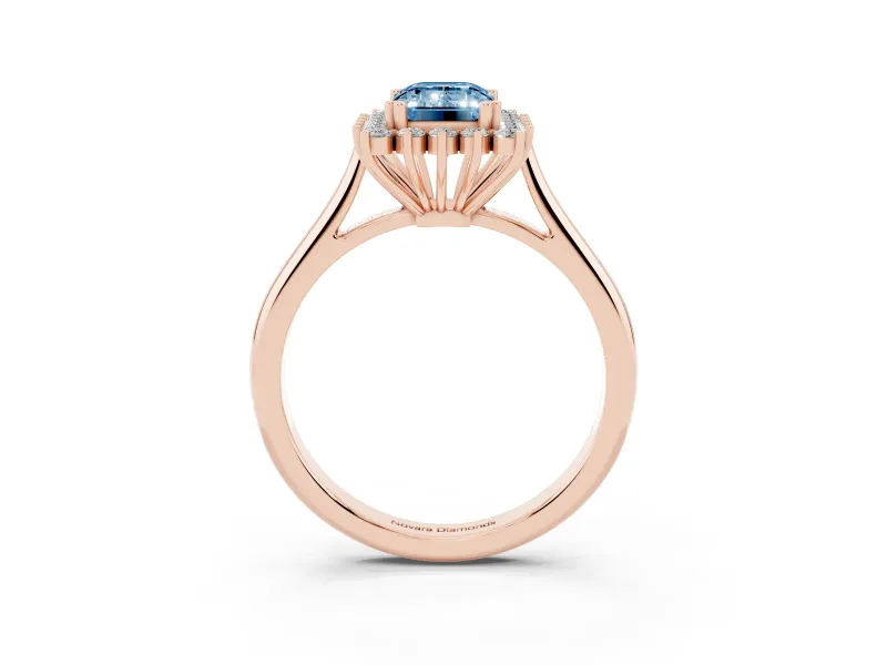 Emerald Cut Starburst Halo Engagement Ring Setting for a Fancy Blue Lab-Grown Diamond | Rose Gold