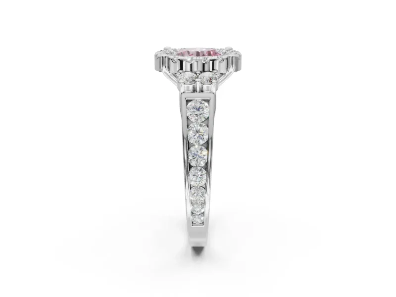 Round Halo Engagement Ring Setting for a Fancy Pink Lab-Grown Diamond | Graduated Channel Band | Sterling Silver