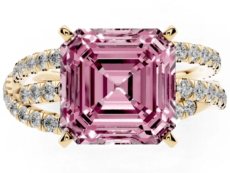 Fancy Pink Asscher Cut Diamond Solitaire Twist Band Ring Set in Yellow gold with Pavé Setting and Prong Head