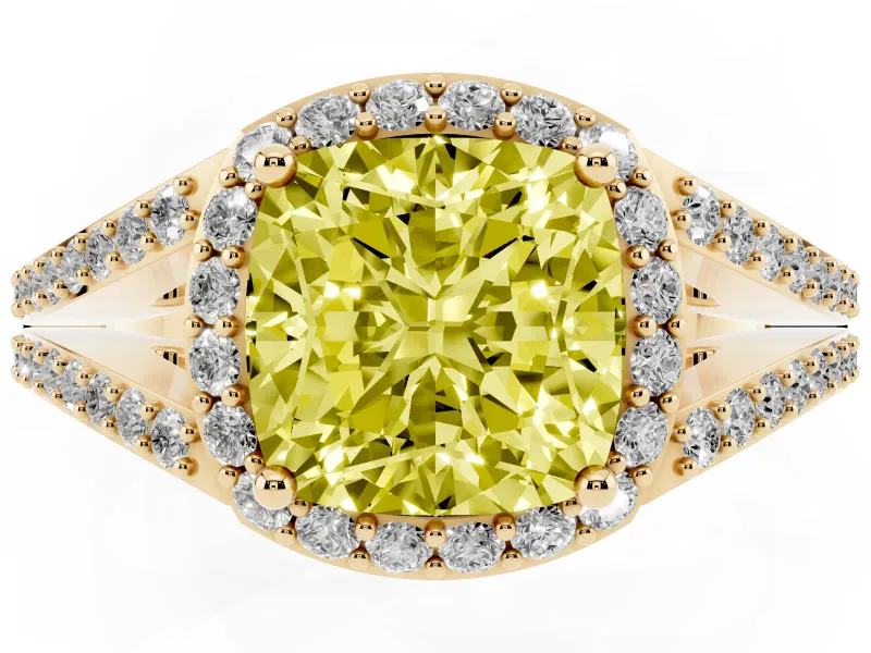 Cushion Cut Halo Engagement Ring Setting for a Fancy Yellow Lab-Grown Diamond | V-Split Pavé Band | Yellow Gold