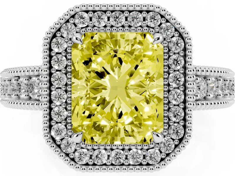 Radiant Cut Milgrain Halo Engagement Ring Setting for a Fancy Yellow Lab-Grown Diamond | Carved Leaf Detail | White Gold