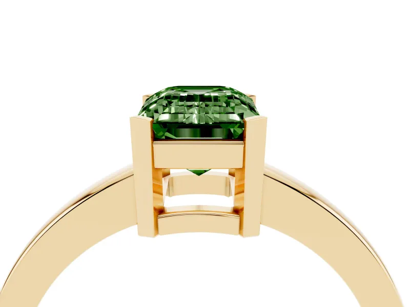 Fancy Green Emerald Cut Diamond Solitaire Ring Set in Yellow gold with Prong Head and Smooth Polished Band