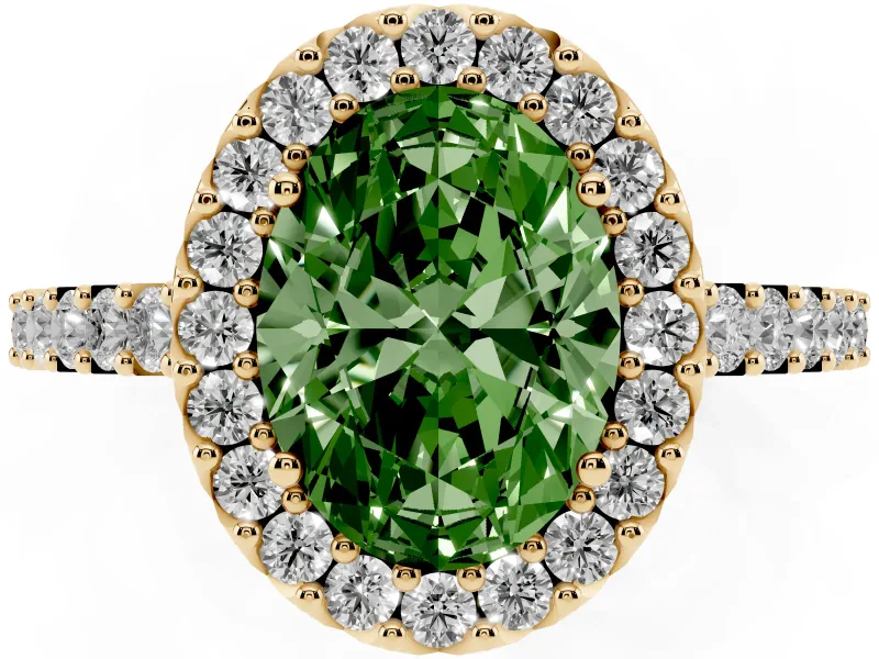 Fancy Green Oval Cut Diamond Halo Pavé Solitaire Ring Set in Yellow gold with Prong-Set Center Stone