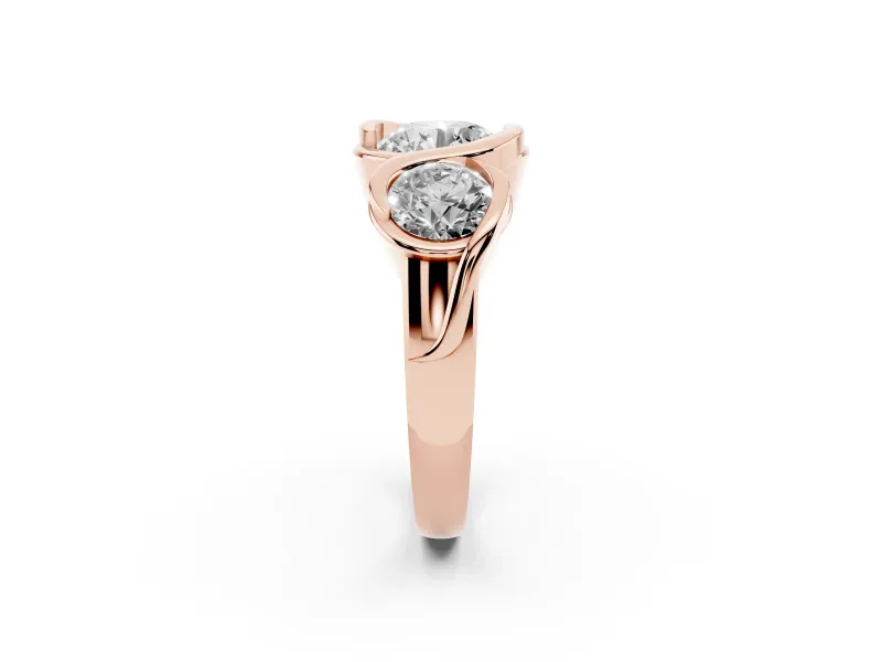 Round Cut Diamond Three-Stone Wave Ring Set in Rose gold with Bezel Setting