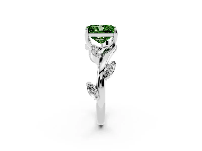 Radiant Cut Twisted Vine Engagement Ring Setting for a Fancy Green Lab-Grown Diamond | Marquise Leaves | Sterling Silver