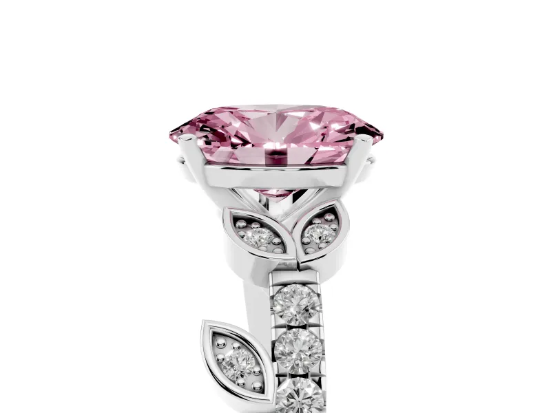 Fancy Pink Oval Cut Diamond Solitaire Leaf-Inspired Ring Set in White gold with Pavé Band and Prong Setting