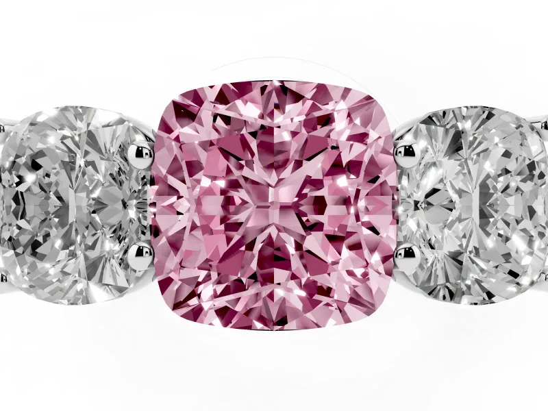 Cushion Cut Three Stone Engagement Ring Setting for a Fancy Pink Lab-Grown Diamond | Basket Prong Heads | White Gold