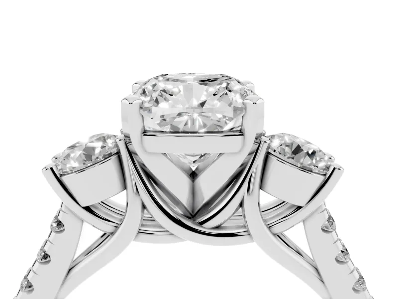 Cushion Cut Three-Stone Pavé Engagement Ring Setting | Round Side Stones | White Gold