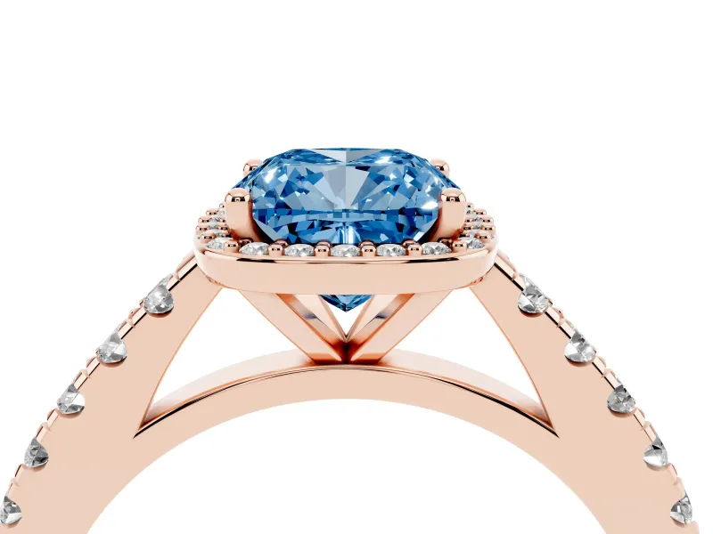 Cushion Cut Halo Pavé Engagement Ring Setting for a Fancy Blue Lab-Grown Diamond | Rose Gold