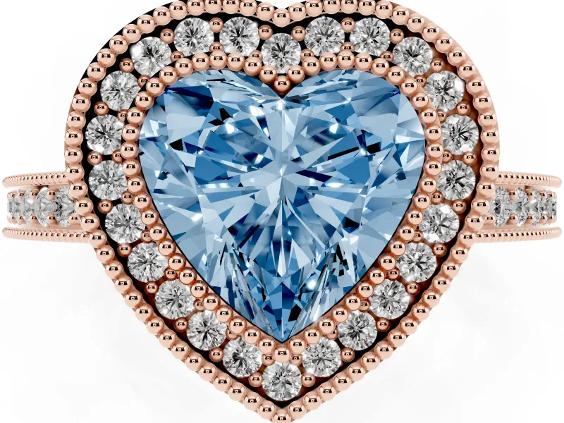 Fancy Blue Heart Cut Diamond Round Halo Ring Set in Rose gold with Pavé Band