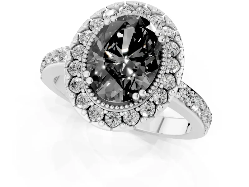 Fancy Black Oval Cut Diamond Halo Ring Set in Silver with Pavé Shank and Prong Setting