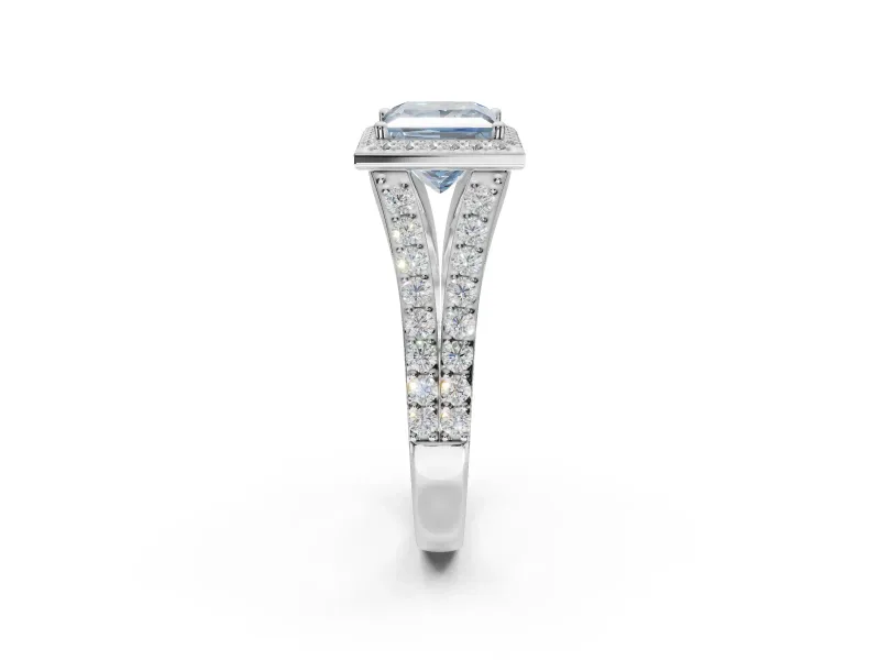 Princess Cut Halo Pavé Engagement Ring Setting for a Fancy Blue Lab-Grown Diamond | Narrow Split Shank | White Gold