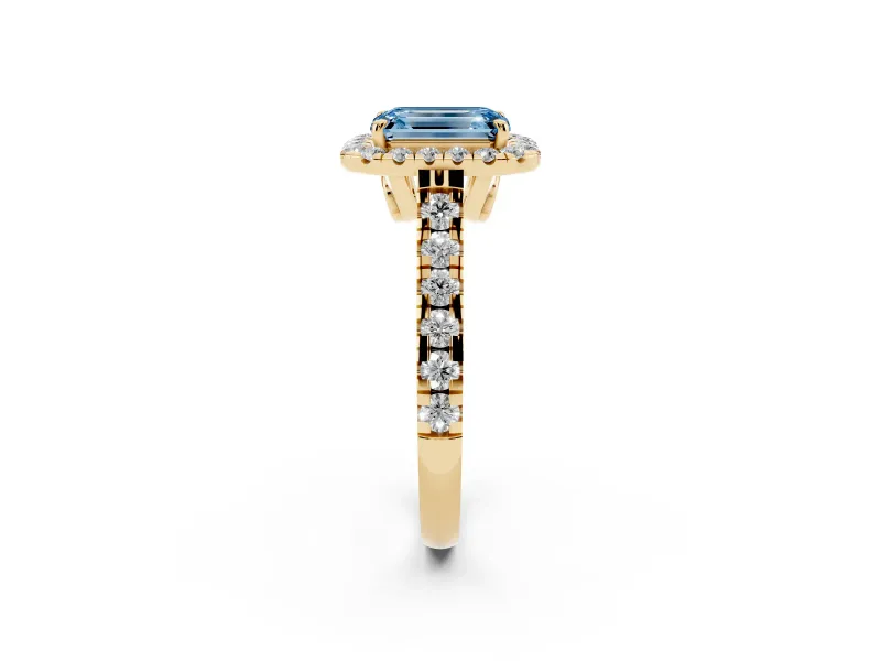 Emerald Cut Accented Halo Engagement Ring Setting for a Fancy Blue Lab-Grown Diamond | Yellow Gold
