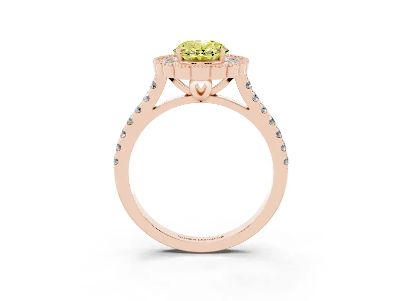 Fancy Yellow Oval Cut Diamond Milgrain Floral Halo Engagement Ring Set in Rose gold with Pavé Band