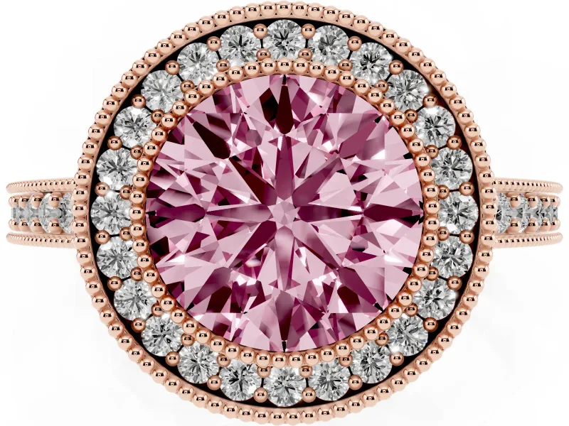 Fancy Pink Round Cut Diamond Halo Engagement Ring Set in Rose gold with Pavé Band and Round Halo Stones