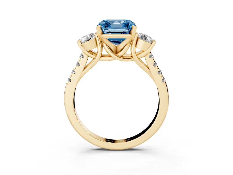 Asscher Cut Three-Stone Engagement Ring Setting for a Fancy Blue Lab-Grown Diamond | Yellow Gold