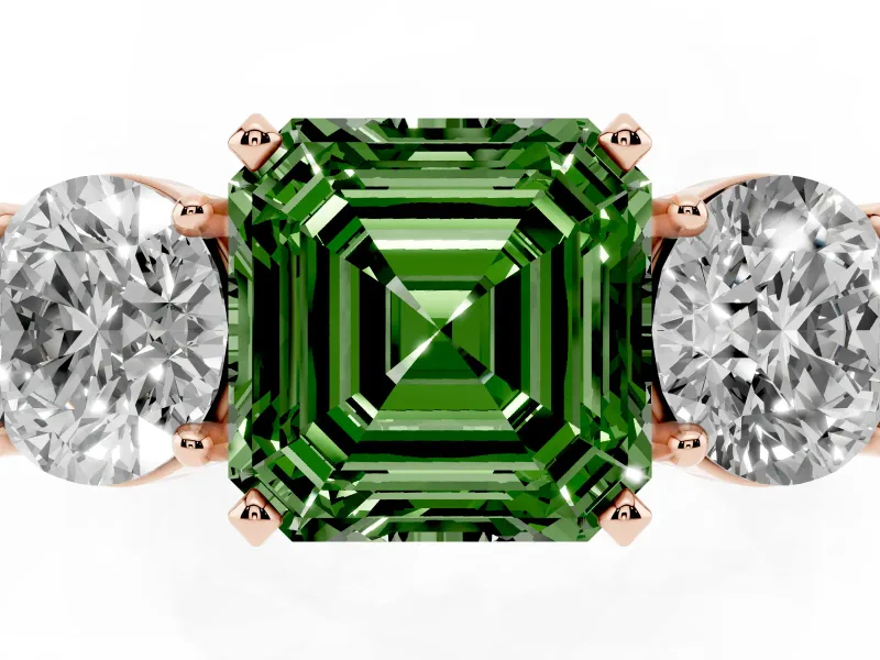 Asscher Cut Three Stone Engagement Ring Setting for a Fancy Green Lab-Grown Diamond | Wide Plain Band | Rose Gold